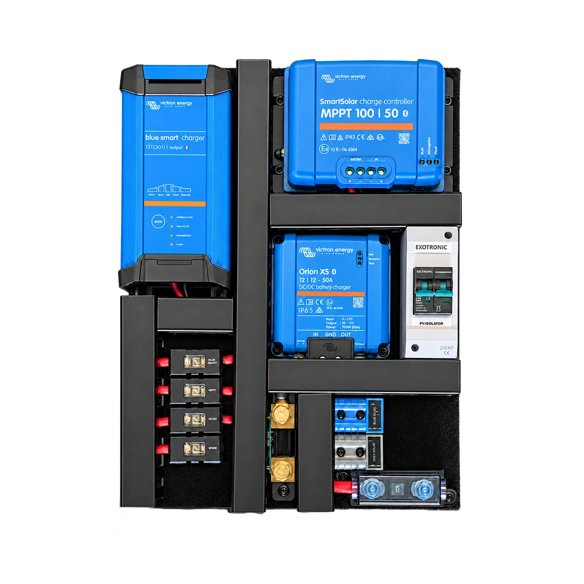 Front-on view of pre-wired Victron power board showing chargers and solar controller
