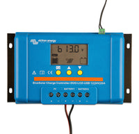 Victron PWM solar charge controller with connected battery and sensor wiring