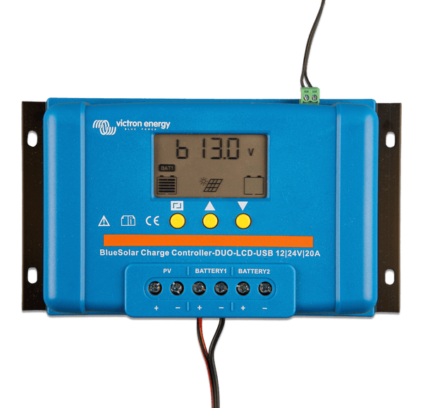 Victron PWM solar charge controller with connected battery and sensor wiring