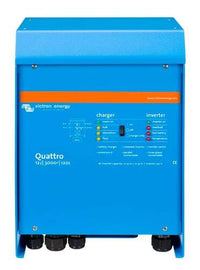 Front view of blue Victron Quattro 12/3000 inverter charger with status LEDs and operation switch