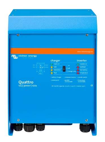 Front view of blue Victron Quattro 12/3000 inverter charger with status LEDs and operation switch