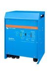Perspective view of the Quattro inverter charger showing its blue aluminium body and side handles