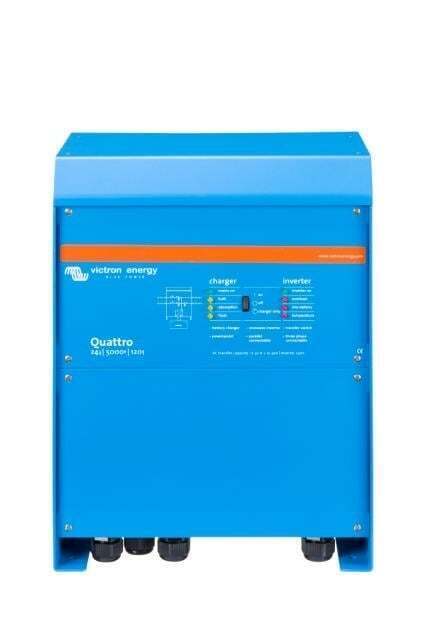 Front view of blue Victron Quattro 24V 5000VA inverter charger with LED status indicators