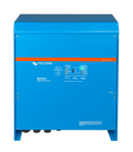Front view of blue Victron Quattro 15000VA inverter charger showing status LEDs and system interface