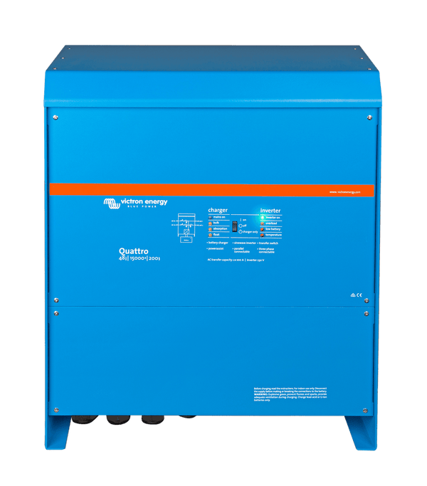Front view of blue Victron Quattro 15000VA inverter charger showing status LEDs and system interface
