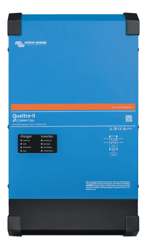Front view of blue Victron Quattro-II 48V 5000VA inverter charger