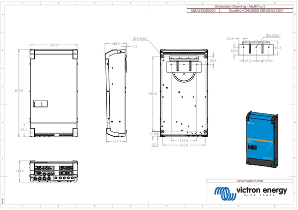 Dimensional drawing of the Victron Quattro-II 24/5000 showing 607mm height
