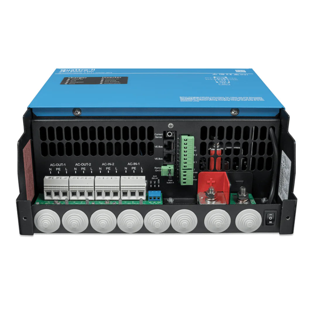 Internal view of Victron Quattro-II AC and DC connection terminals