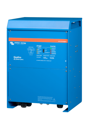 Isometric right view of the blue Victron Quattro 8000VA metal enclosure showing side ventilation