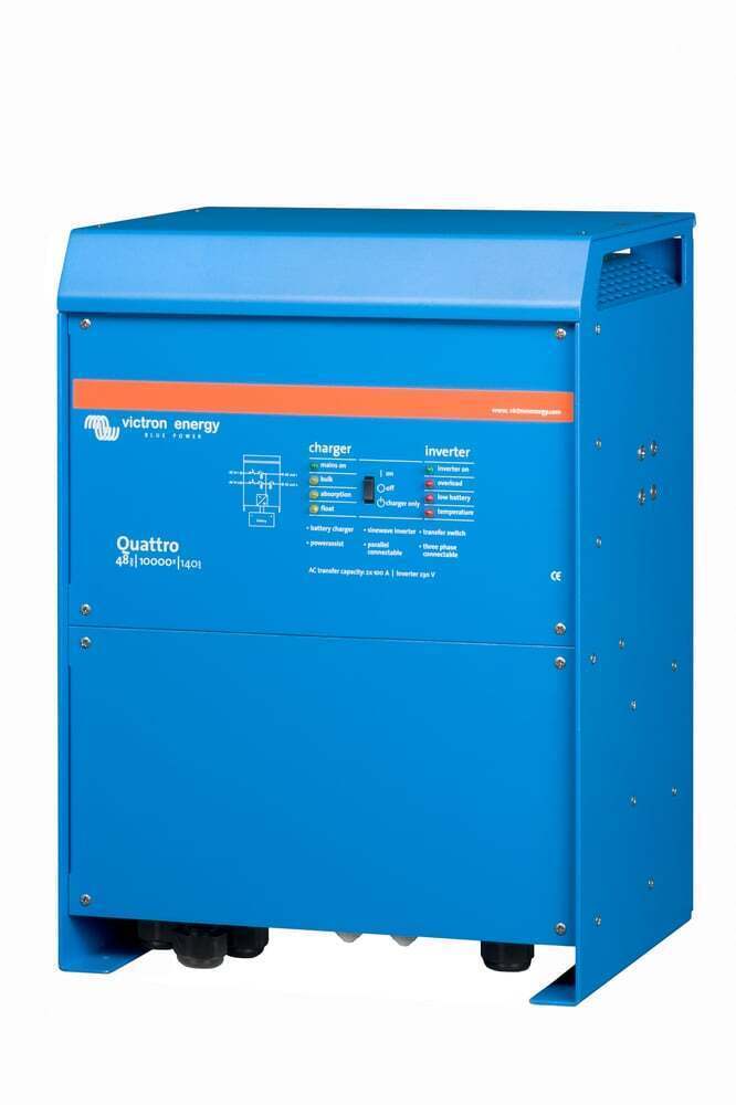 Perspective view of the Victron Quattro inverter charger showing side cooling vents and aluminium enclosure