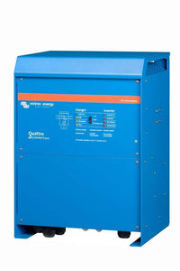 Perspective view of the Victron Quattro inverter charger showing side cooling vents and aluminium enclosure