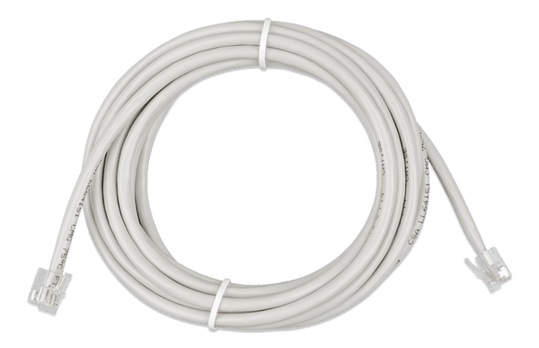 Coiled 5m grey RJ12 UTP cable with transparent modular connectors on both ends