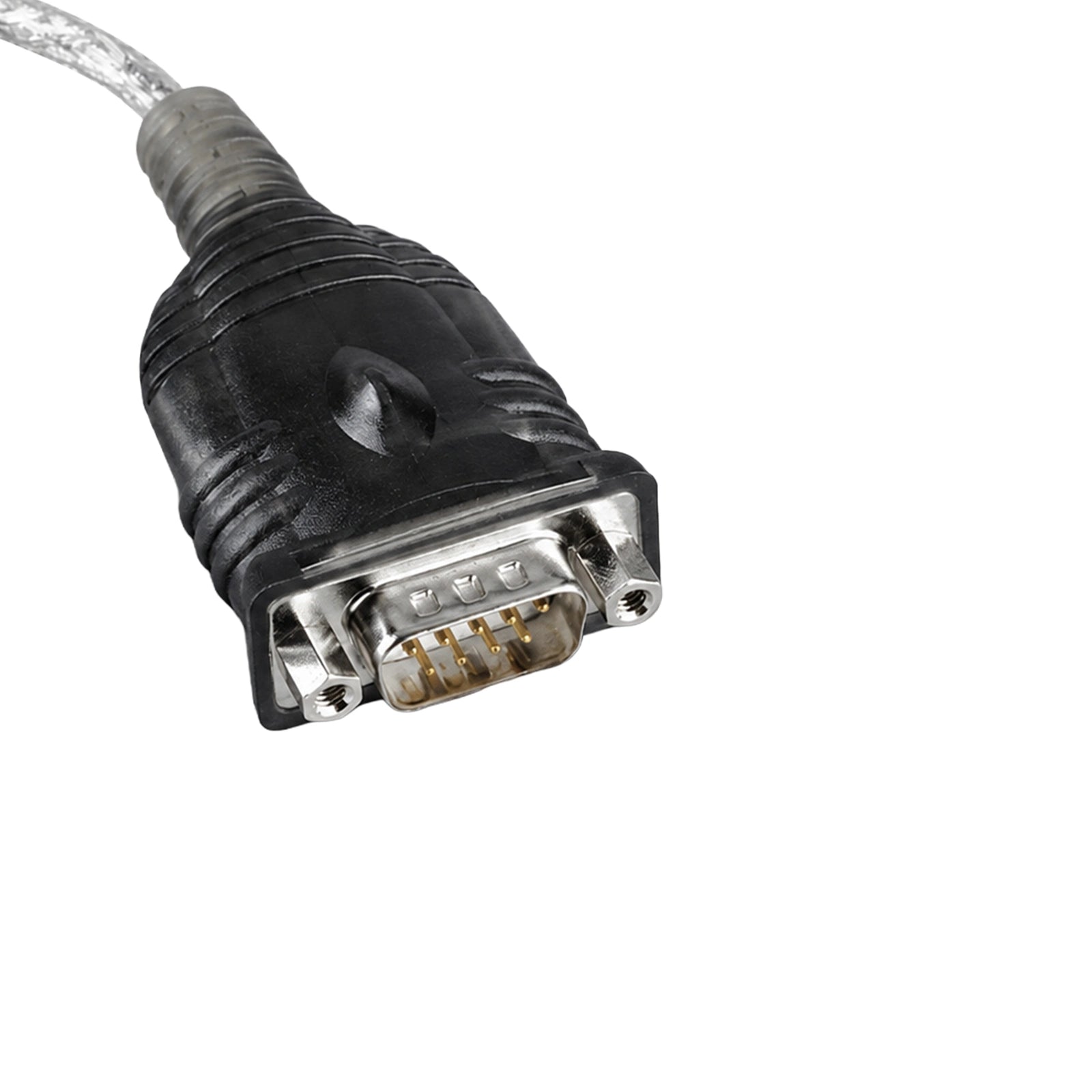 Close up RS232 to USB converter cable with silver braided wire and male DB9 connector