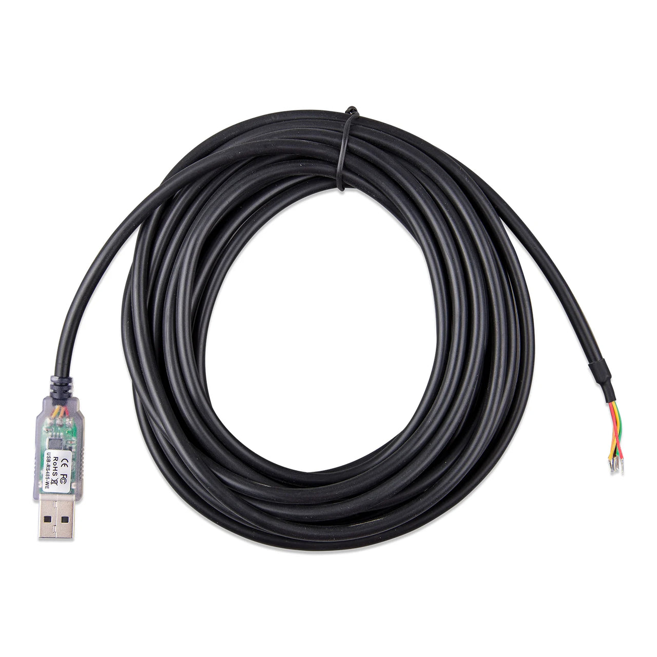 Coiled black 5m RS485 to USB interface cable with stripped wire ends and USB-A plug