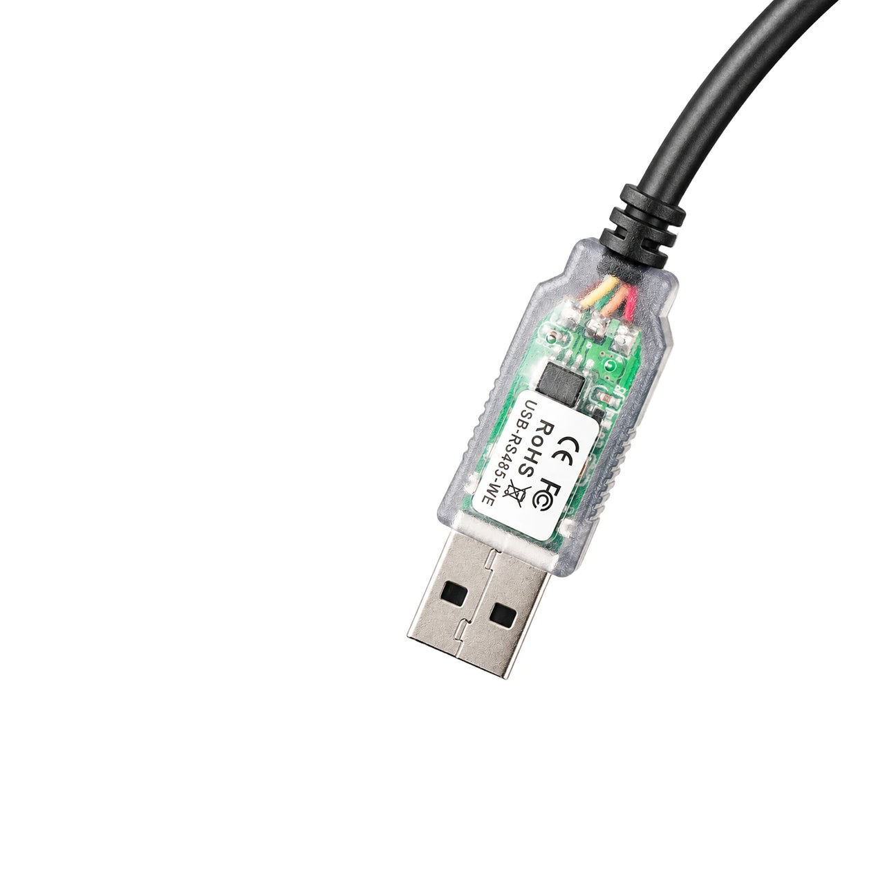 Close-up of the clear USB-RS485-WE connector showing internal PCB and labels