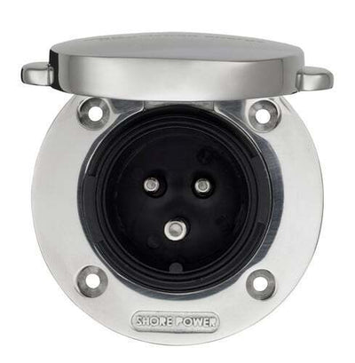 Front view of open Victron shore power inlet showing three male pins and internal gasket