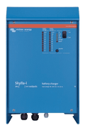 Front view of a blue Victron Skylla-i 24V 80A battery charger showing LED status display and power switch
