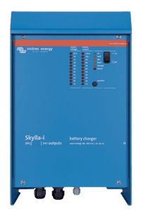 Front view of a blue Victron Skylla-i 24V 80A battery charger showing LED status display and power switch