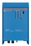 Front view of a blue Victron Skylla-i 24V 80A battery charger showing LED status display and power switch