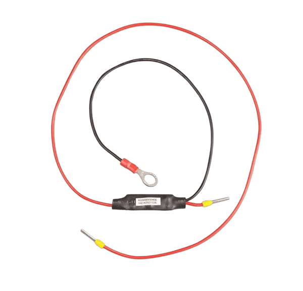 Victron Skylla-i remote on-off cable featuring a black wire with a ring terminal and a red wire with two pin terminals