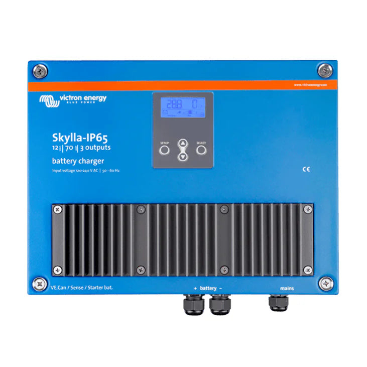 Front view of a blue Victron Skylla-IP65 12V 70A battery charger with digital display and integrated heat sink
