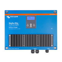 Front view of a blue Victron Skylla-IP65 12V 70A battery charger with digital display and integrated heat sink