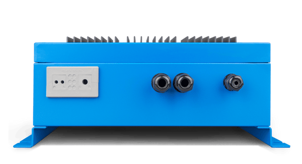 Bottom interface of battery charger showing cable glands and mounting base