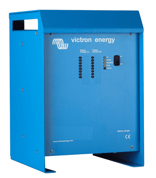Front view of a blue Victron Skylla-TG 24/30 battery charger featuring LED status indicators and a power switch