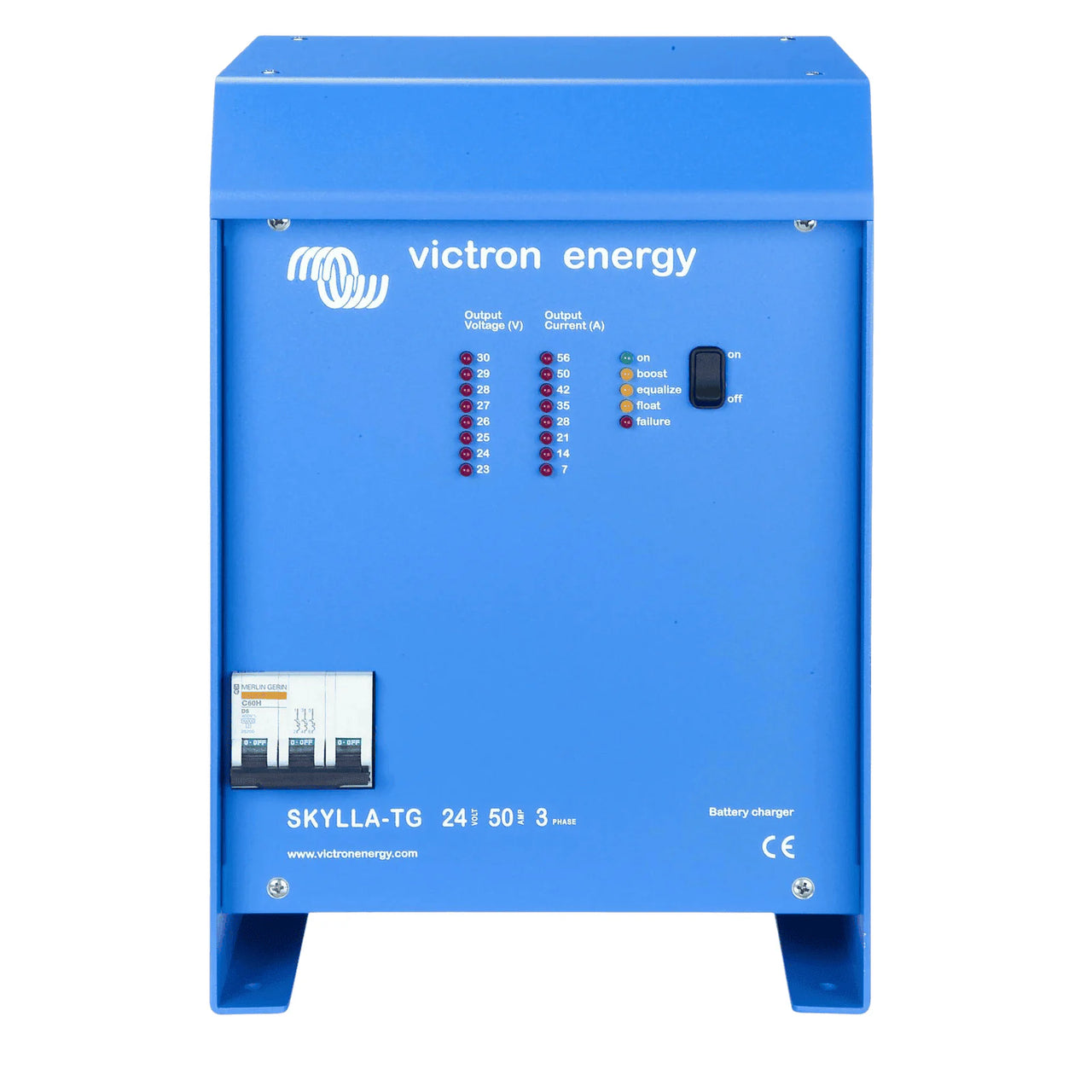 Front view of Victron Skylla-TG 24V 50A battery charger with LED display panels and circuit breaker