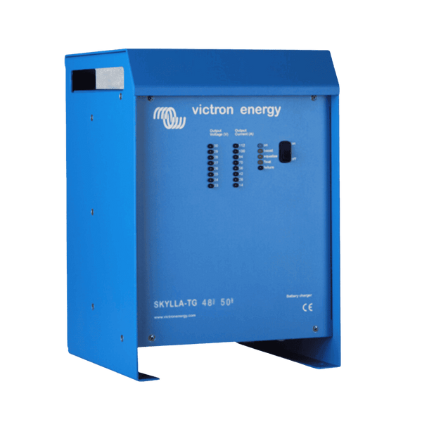 Blue Victron Skylla-TG 48V 50A battery charger front view showing LED status indicators and power switch