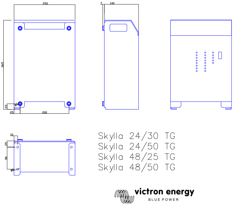 Technical dimensional drawing showing front, side and bottom views of the Skylla-TG battery charger