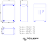 Technical dimensional drawing showing front, side and bottom views of the Skylla-TG battery charger