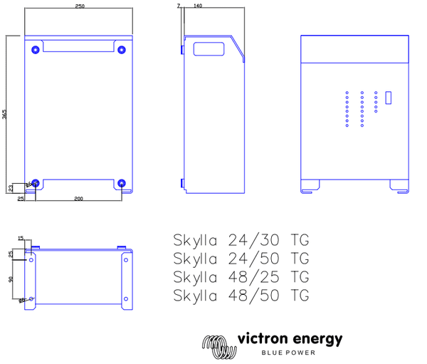 Technical dimensional drawing showing front, side and bottom views of the Skylla-TG battery charger