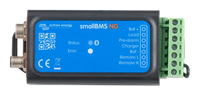 Top-down view of Victron smallBMS NG showing status LEDs and connection terminal labels