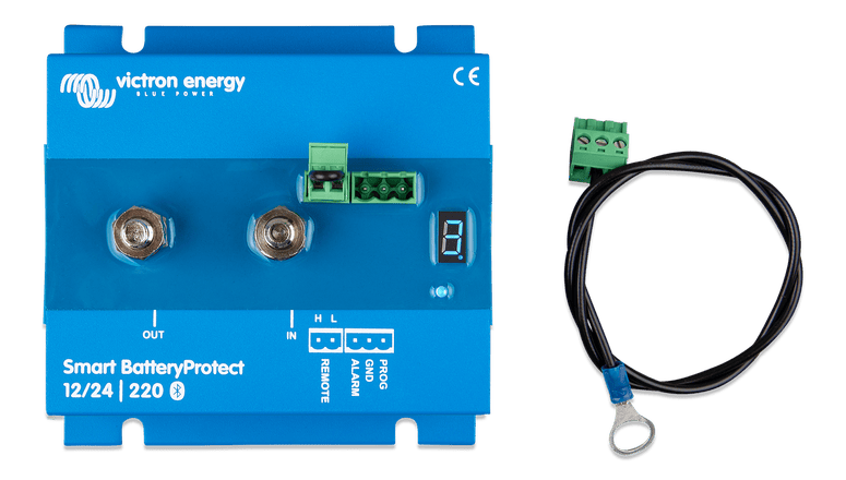 Top-down view of Victron Smart BatteryProtect 220A with M8 terminals, display and connector cable