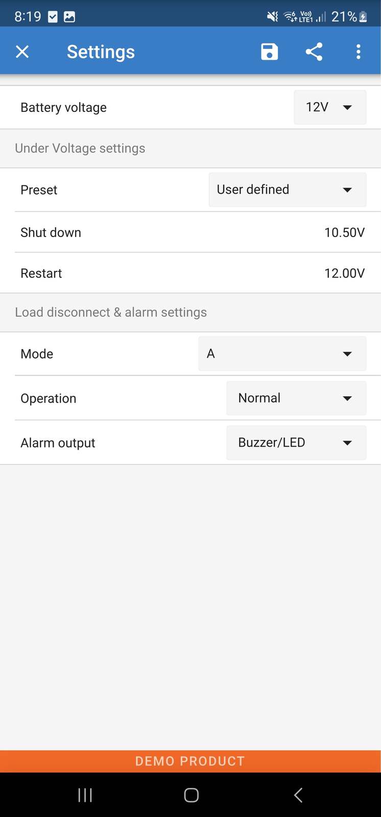 VictronConnect settings screen for BatteryProtect showing customisable shutdown and restart voltage levels