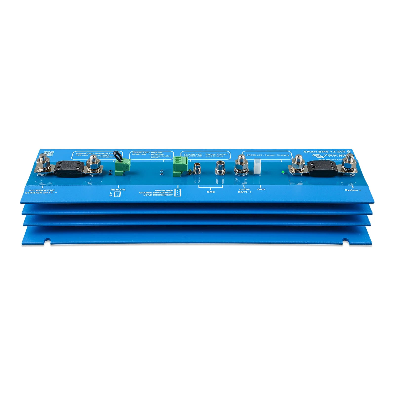 Blue Victron Smart BMS 12/200 showing integrated aluminium heat sink and M8 terminal studs