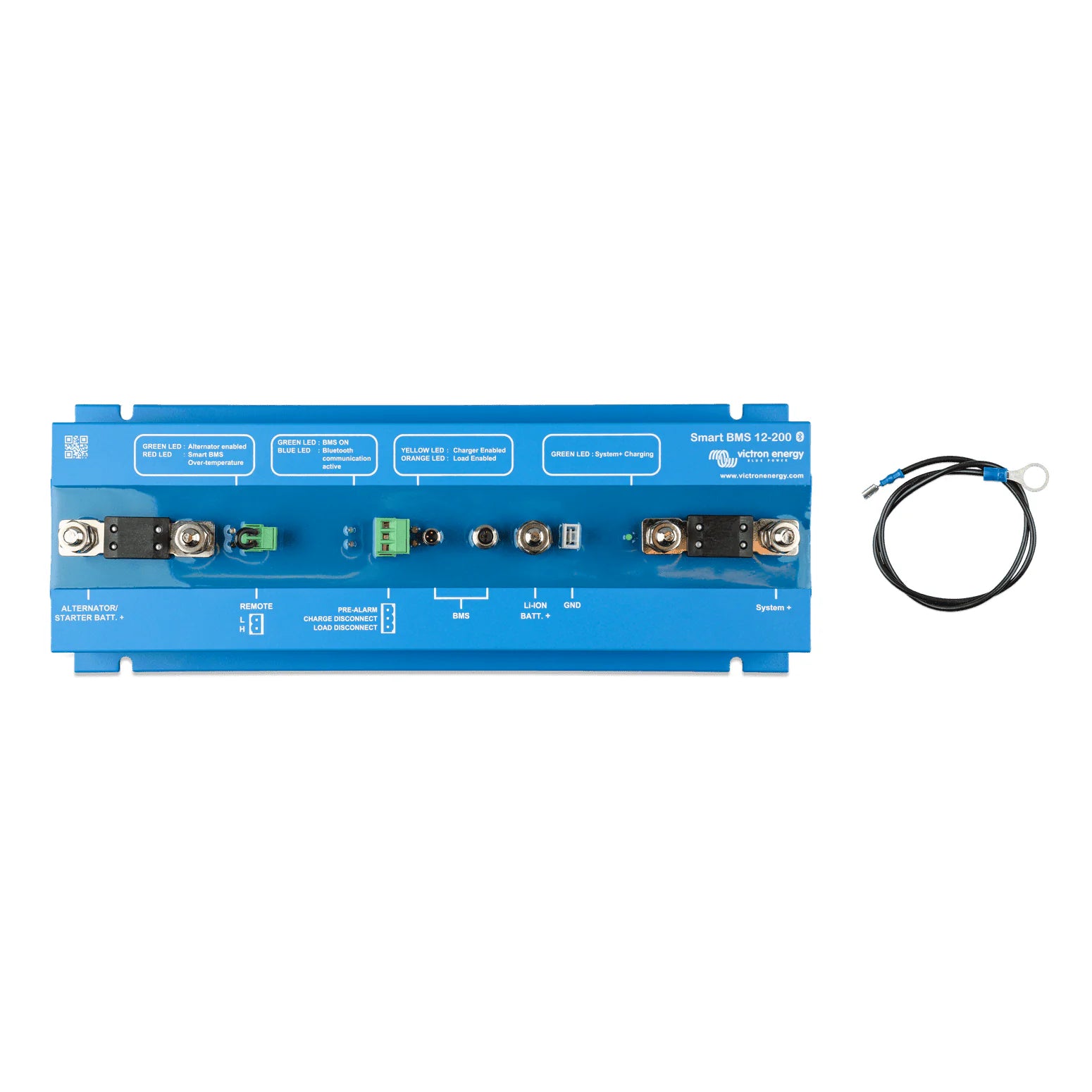 Top-down view of Victron Smart BMS 12-200 with terminal ports and status indicators