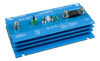 Isometric view of a blue Victron Smart BMS CL 12/100 battery management system with terminal studs and heat sink