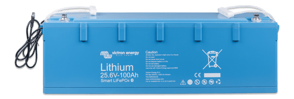 Perspective view of the Victron Smart LiFePO4 25.6V 100Ah battery showing the long form factor and blue casing