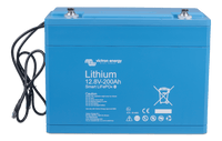 Angled front view of blue Victron lithium battery showing durable enclosure and top terminals