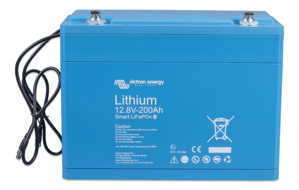 Angled front view of blue Victron lithium battery showing durable enclosure and top terminals
