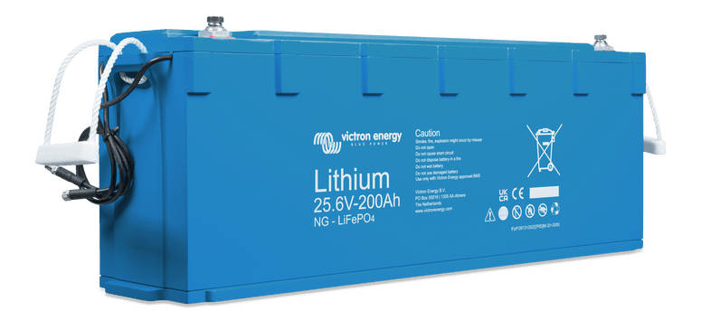 Side view of Victron Smart NG battery showing rope handles and BMS communication cables
