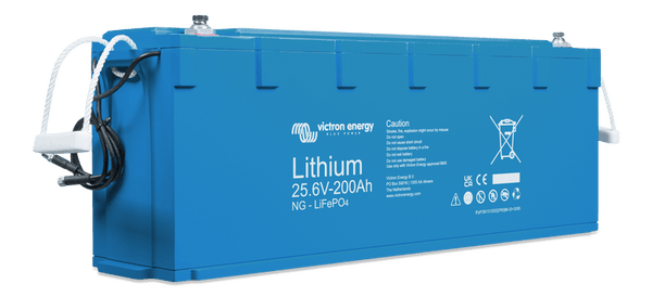 Side view of Victron Smart NG battery showing rope handles and BMS communication cables