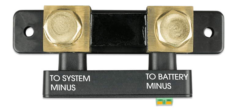 Top view of the battery monitor showing connection labels for system and battery minus