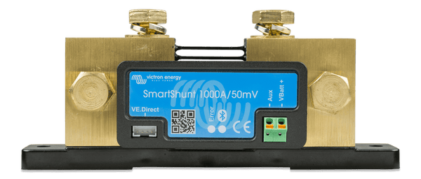 Front view of the SmartShunt 1000A unit showing VE.Direct and auxiliary input terminals