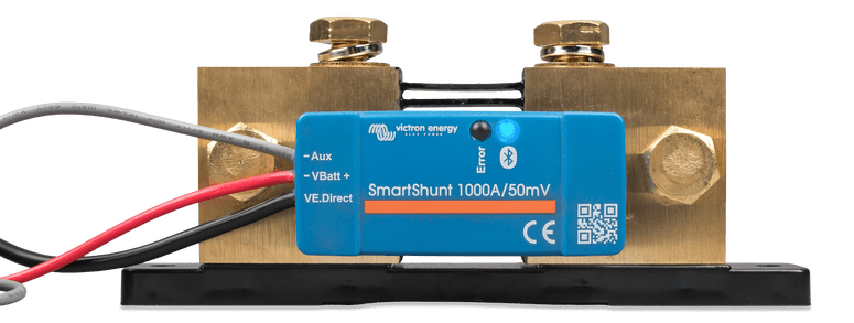 Front view of Victron SmartShunt 1000A IP65 with blue Bluetooth module and brass terminals