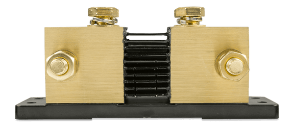 Close-up side view of the 2000A SmartShunt cooling fins between two large brass terminal blocks