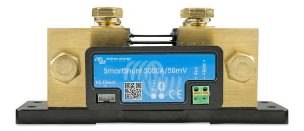 Front view of the Victron SmartShunt 2000A electronics module and terminal bolts on a black base