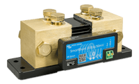 Side view of the SmartShunt showing system and battery minus labels on the electronics interface